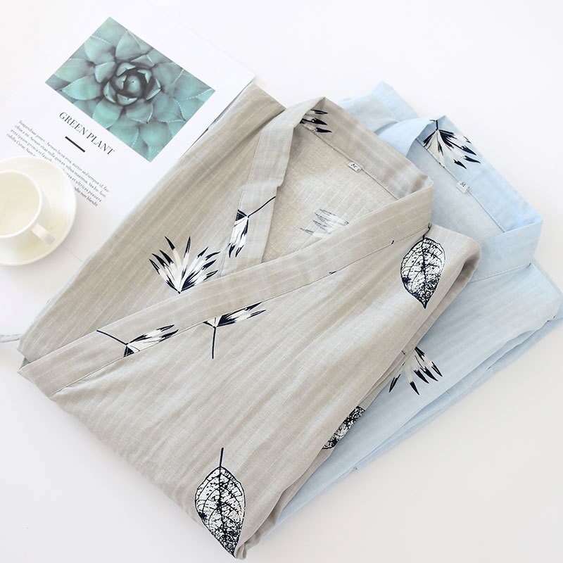 Menns vevd bomullsgasbind tynne badekåper til sommer dobbeltlags lange badekåper pustende og komfortabel hjemmekåpe