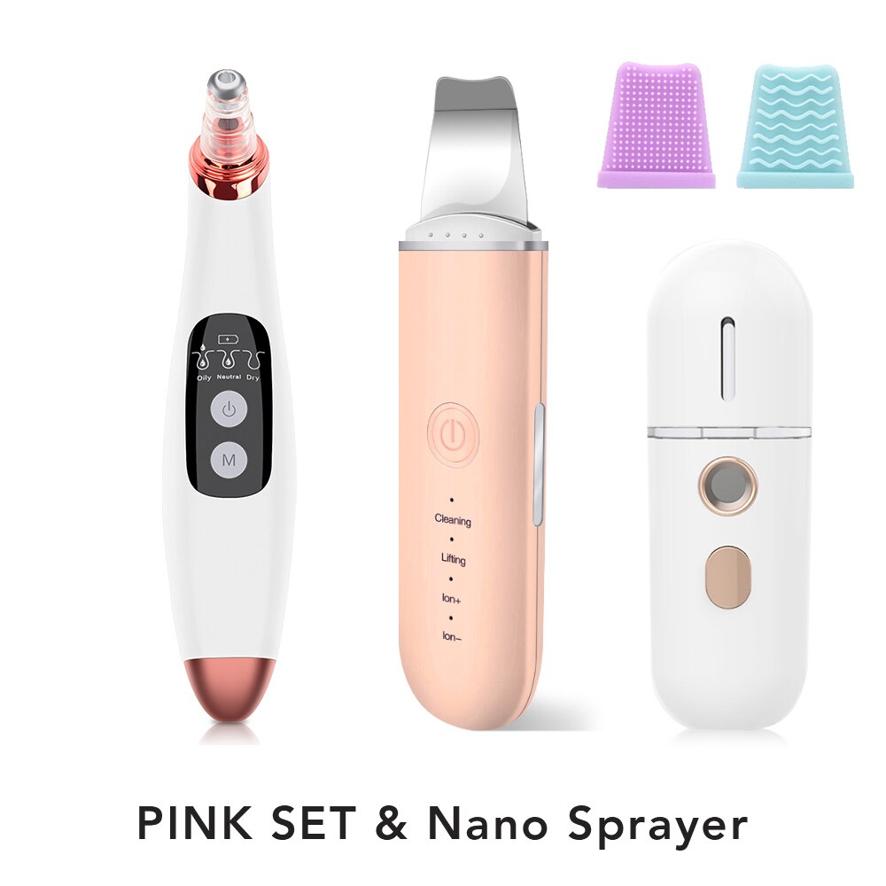 Comedondrukker Ultrasone Huid Scrubber Trillingen Gezicht Spatel Facial Scrubber Schop Schoon Cavitatie Peeling Facial Lifting: Pink Set