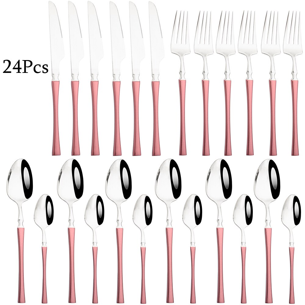 Couverts arc-en-ciel en acier inoxydable 304, 24 pièces, miroir, vaisselle, couteau, fourchette, cuillère à thé, couverts de cuisine, service d'argenterie: Pink silver