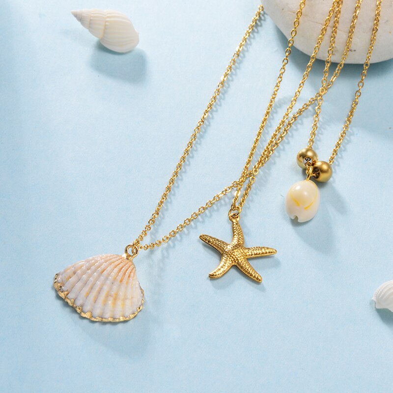 BAOYAN Boho Multi Gelaagde Rvs Kettingen Gouden Zeester Seashell Hanger Kettingen Wit Natuurlijke Shell Kettingen Vrouwen