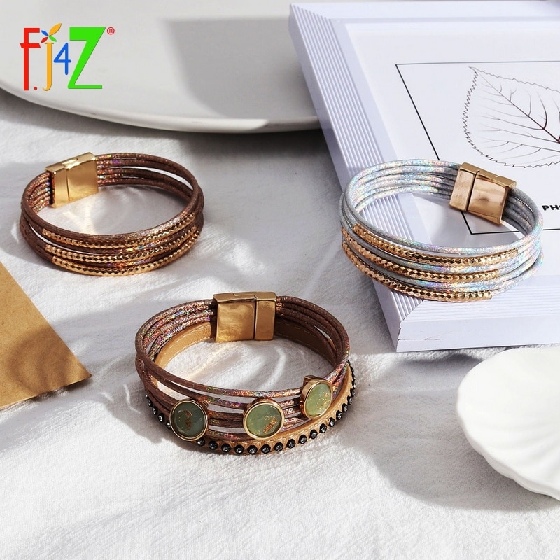 F. j4z novo multi-camadas pulseira de couro moda punk pedra tubo de ouro manguito pulseiras & mão jóias presentes dropship