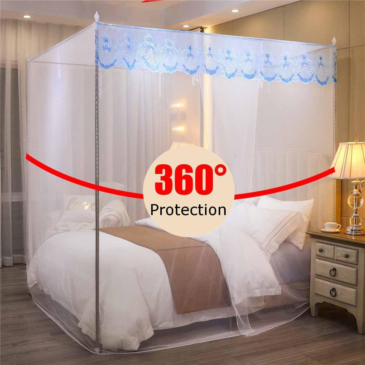 Mosquito Net Single Side Openings Four Corner Bed Post Bed Canopy Mosquito Net Luxury Princess Style Full Queen King Size