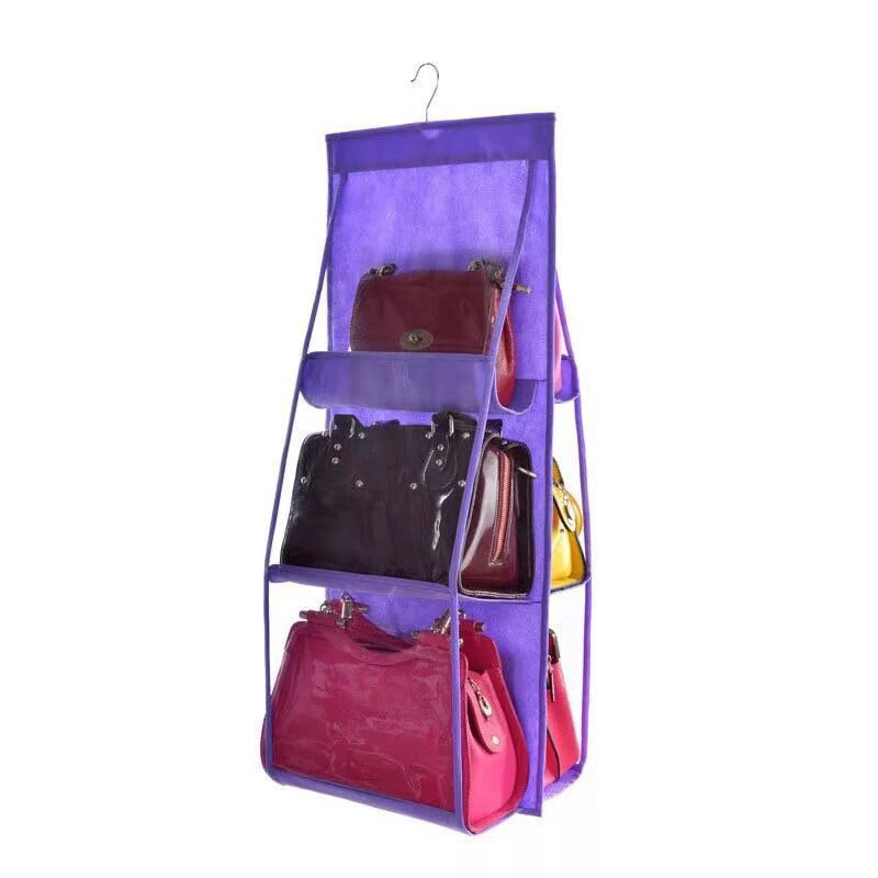 6 Pocket Hanging Bag Organizer Wardrobe Transparent Storage Bag for Handbag Closet Shoes Organizer Door Wall Clear Sundry Pouch: Purple