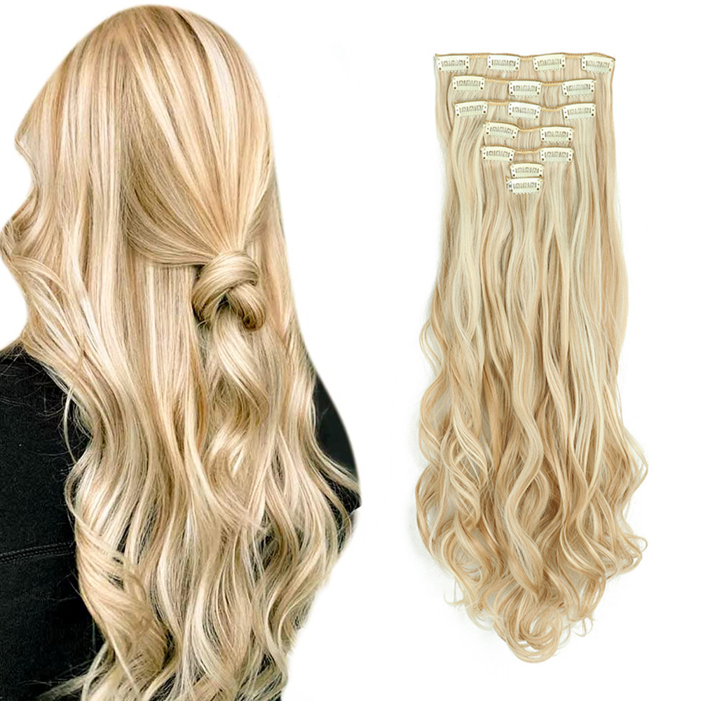Extensiones de cabello con Clip, 7 Uds., cabeza completa, 22 pulgadas de largo, rizado, ondulado, sintético, Ondulado Natural para mujeres y niñas: T1B/613