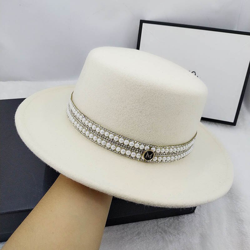 Sombrero plano con diamantes de imitación para mujer, gorro de lana de con diamantes de imitación, estilo inglés, para otoño e invierno, QDKPOTC,