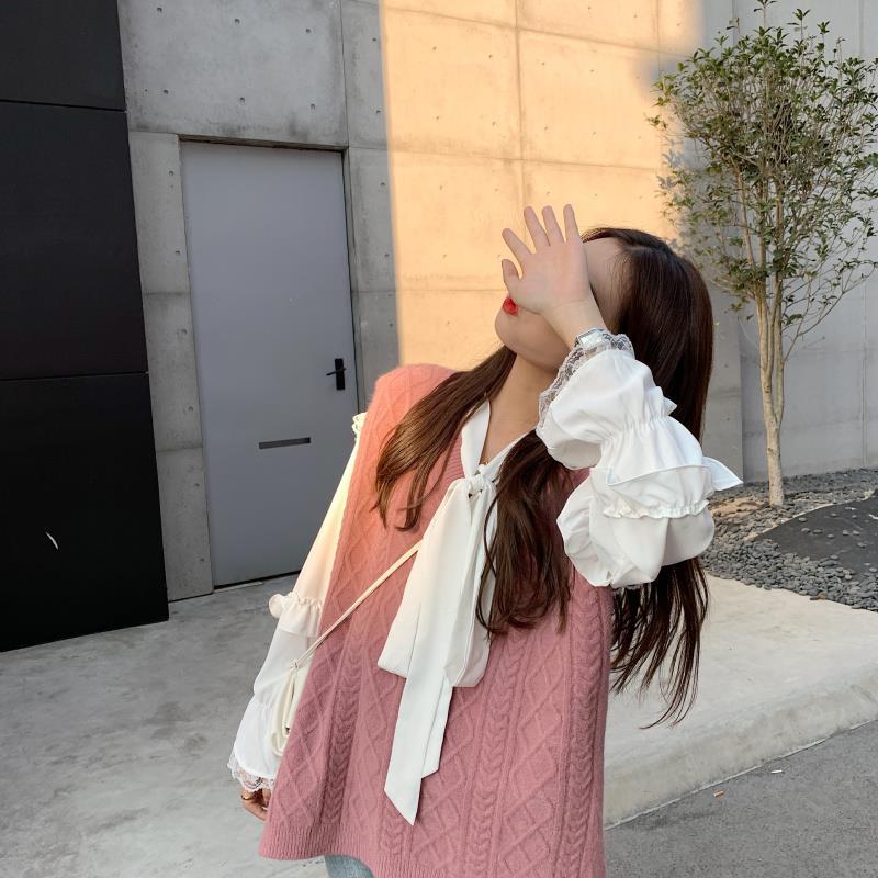 Genser vest rosa plissert svette kawaii studenter høst koreansk fritid løs kvinnelige gensere outwear preppy ins daglig: S