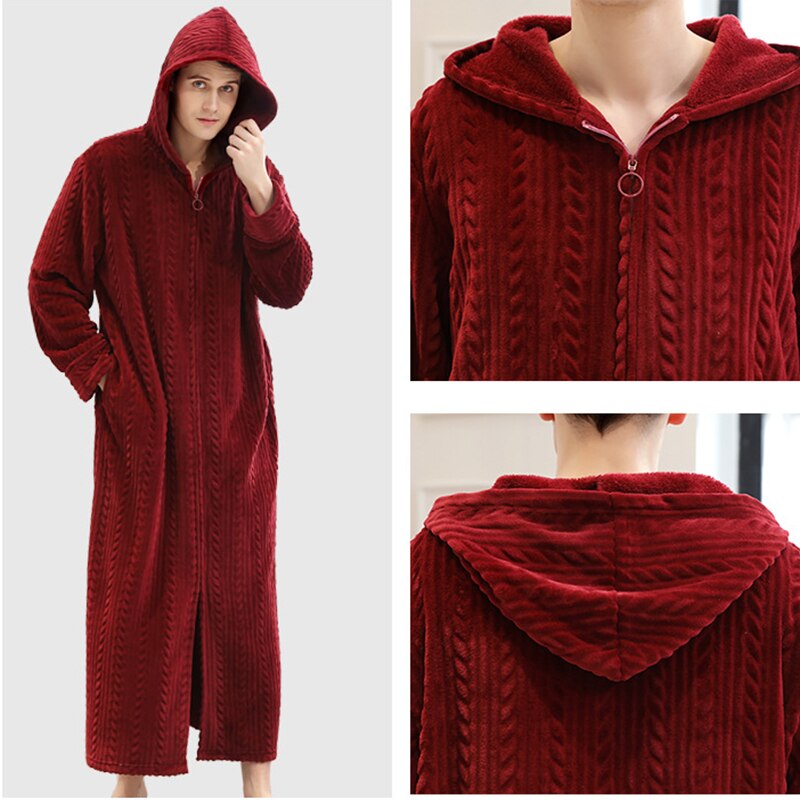 Hommes à capuche Robe hiver col châle polaire peignoir doux Spa Robe en peluche longue chaude peignoir pour hommes confortable pleine longueur chemise de nuit