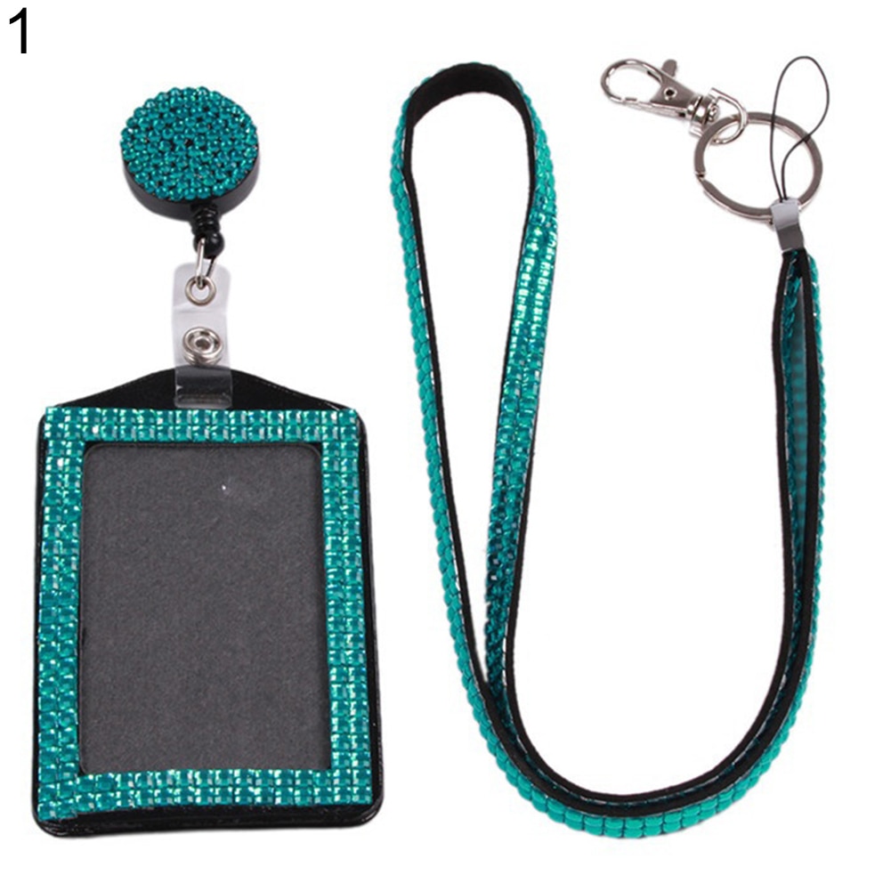 Retractable ID Badge Neck Lanyard Rhinestone Case Name Tag Card Holder Cover