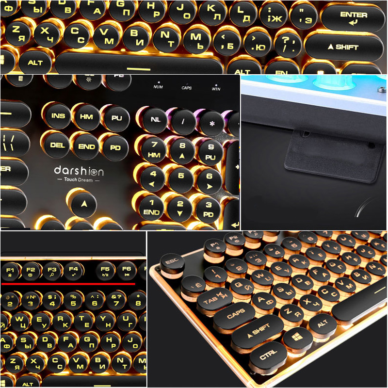 Gaming Russian Keyboard Retro Round Glowing Keycap Metal Panel Backlit USB Wired Metal Panel Illuminated Border Waterproof