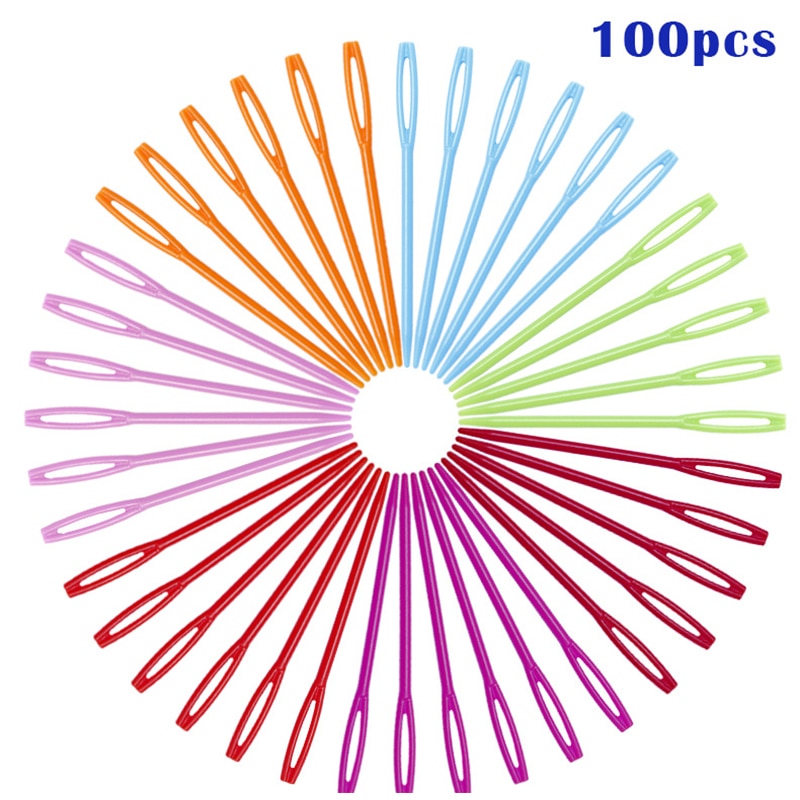 Agulhas de plástico para bordar, agulhas coloridas de plástico para costura de lã, para crianças, ferramenta de crochê com 100 peças