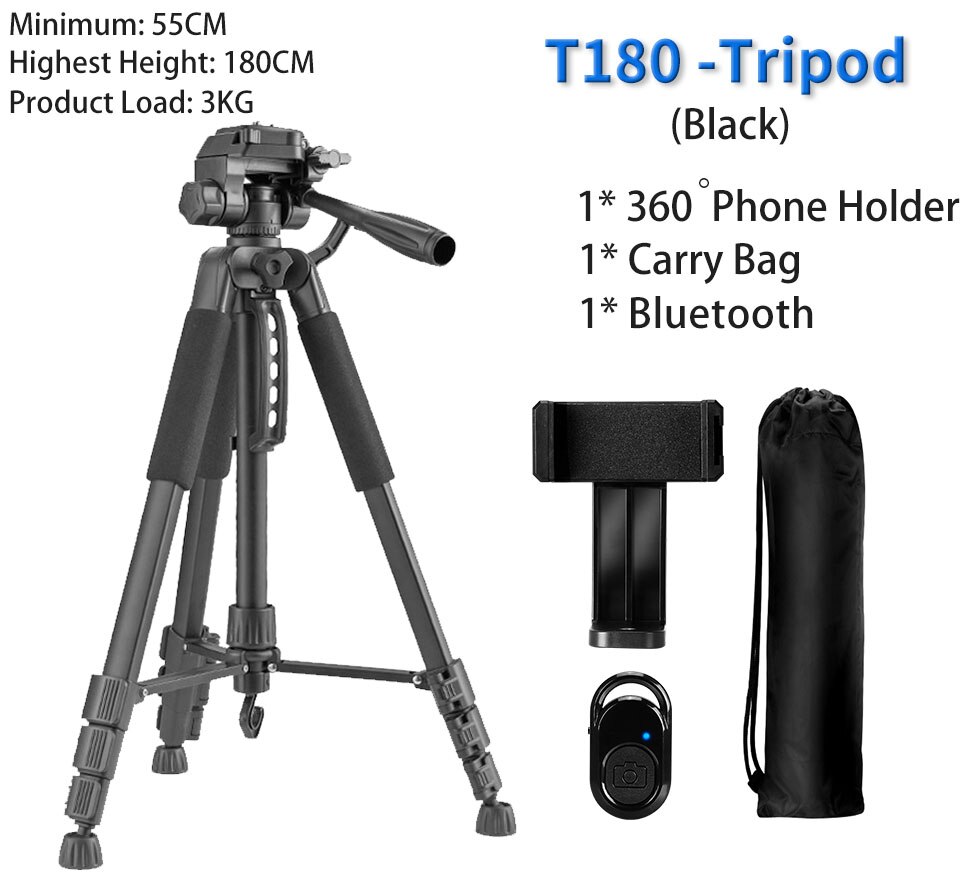 180cm kamerastativ til telefon med bæretaske fotografering mobiltelefonstativ med bluetooth fjernbetjening til video/dslr/canon: T180 sorte