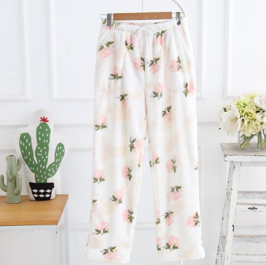 Fdfklak salong løs pysjamasbukser kvinner flanell tykkere søvnbuksetrykk høst vinter hjemmebukse varme pyjamasbukser bukser: Utskrift 4 / M