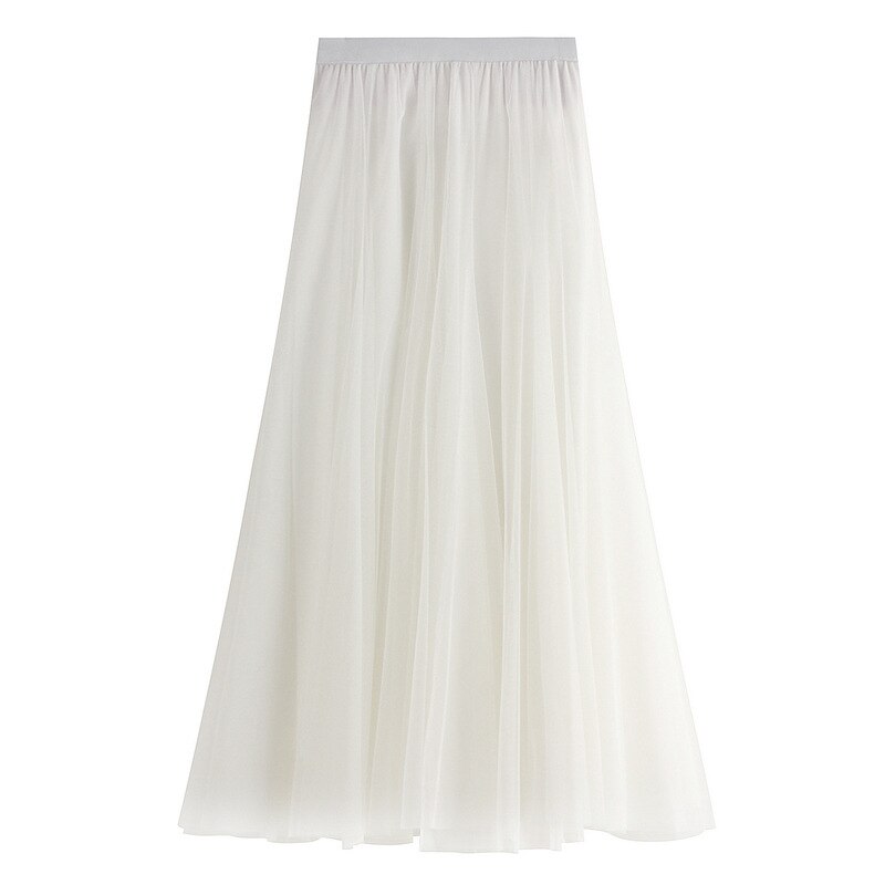 Falda larga de tul de 3 capas para otoño e invierno, falda Swing de estilo coreano para mujer, color rosa, verde, gris, azul, marrón, negro: Blanco