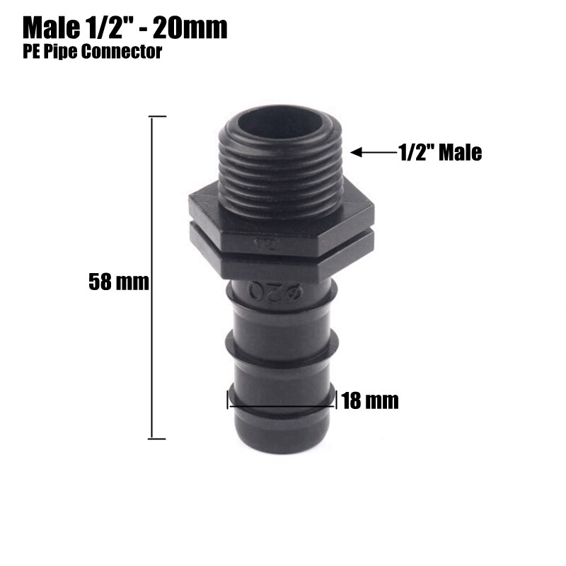 5 st 1/2 " 3/4 " hangänga pe-röranslutningar bevattningsslanganslutningar bevattningsrör gängad rak anslutningsadapter: Hane 1 l 2 tum -20mm