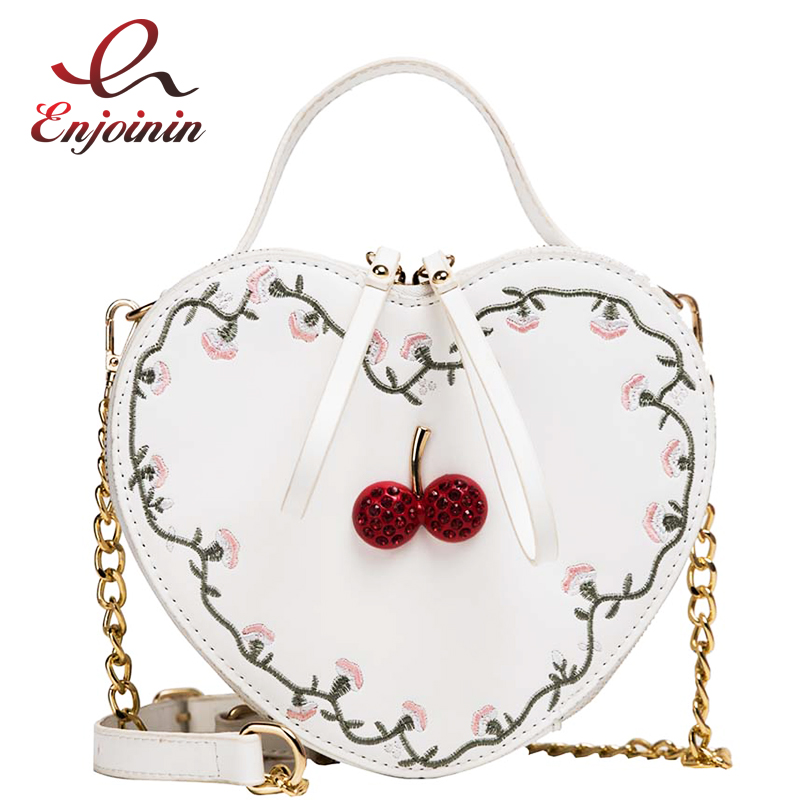 brodé cerise en forme de coeur Pu cuir femmes sac à bandoulière fourre-tout sac à bandoulière chaîne sac à main sac à main dames pochette