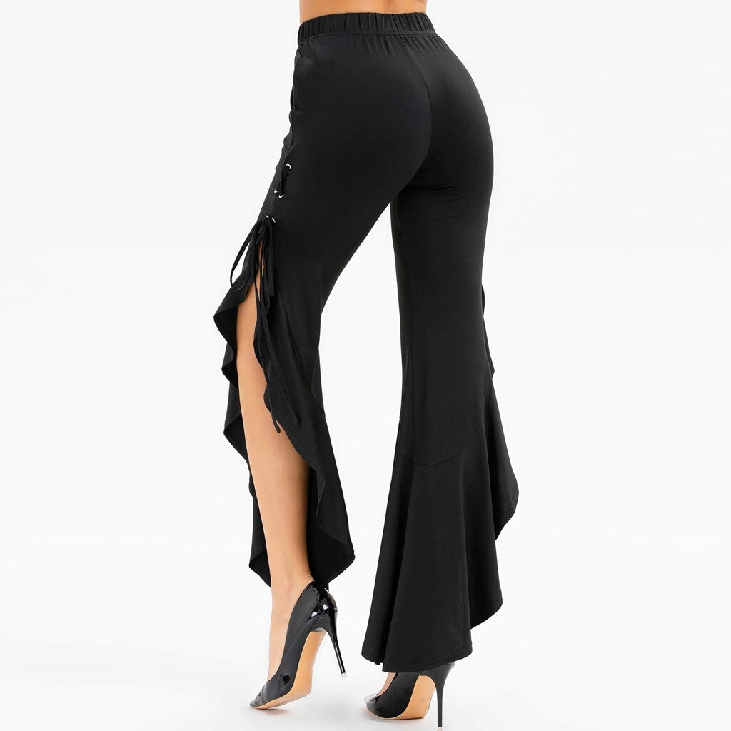 volants Flare pantalon femmes côté fente à lacets à volants pantalon doux solide poche pantalon Vintage Disco danse #3