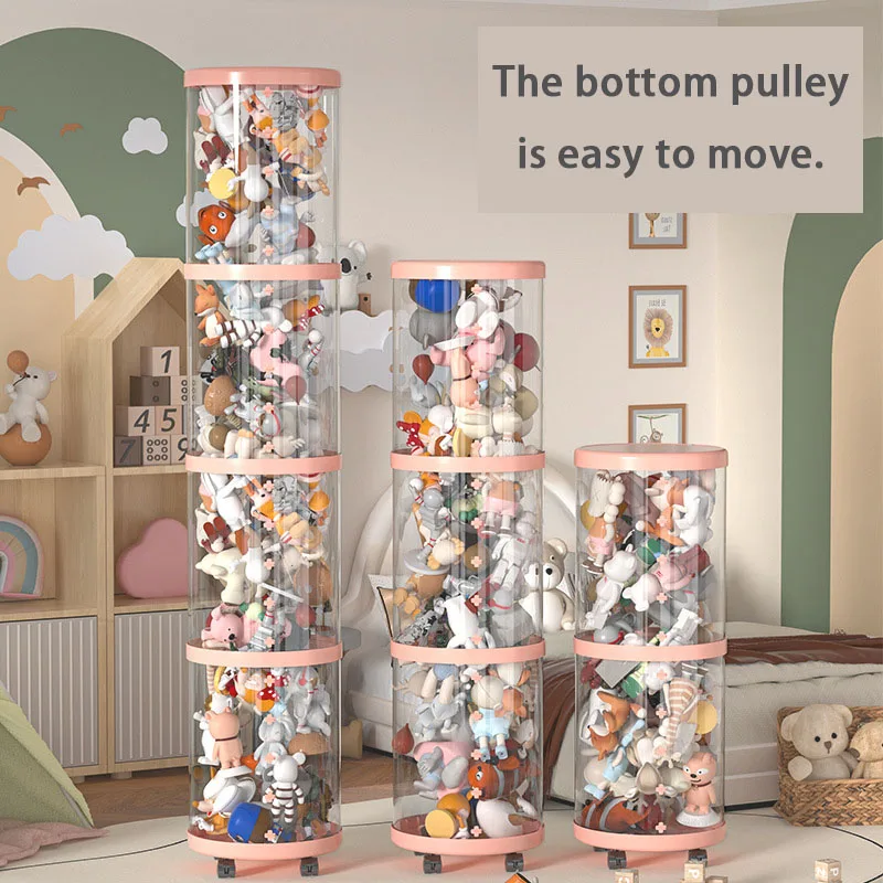 Seau en peluche, boîte à jouets pour enfants, conteneur de rangement de poupée, cylindre Transparent, Tube de rangement étanche à l'humidité, organisateur avec roues