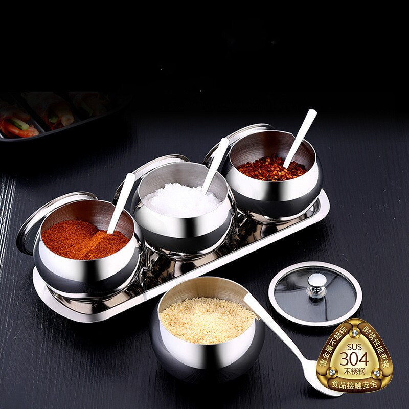 Kitchen Stainless Steel Sugar Bowl With Lid And Spoon Portable Sugar Box Container Cooking Seasoning Jar Storage Bottle WY72009