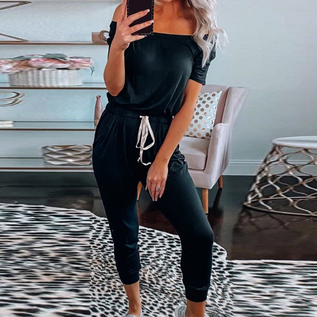 Summer Autumn Women Solid Jumpsuit Slim Casual Short Sleeve Belt Jumpsuit Sports Daily Jumpsuit#D3: XL