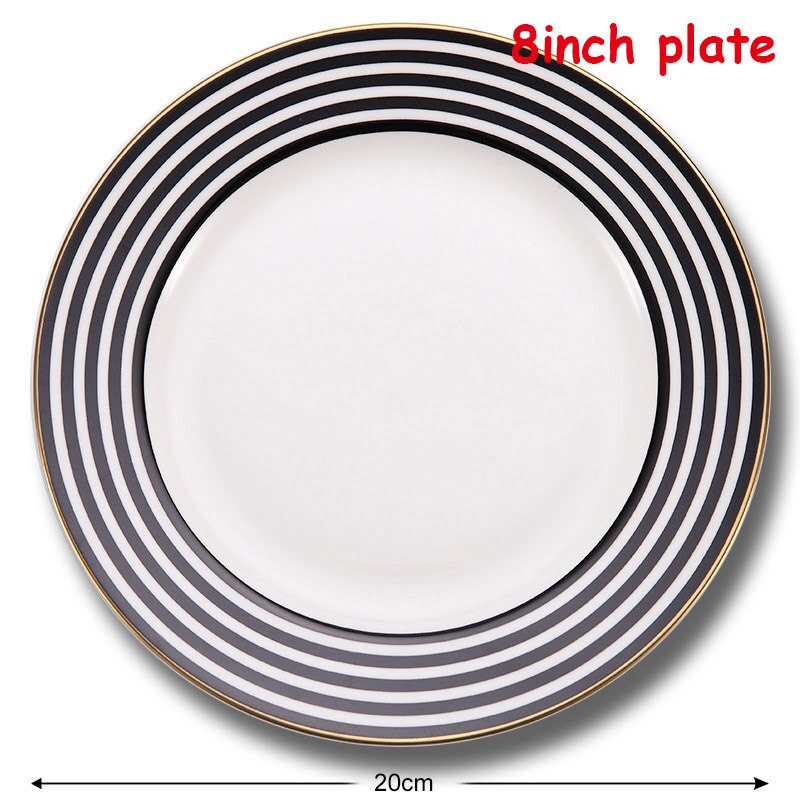 Bone China Servies Set Zwarte En Witte Streep Platte Steak Plaat Koffiekopje En Schotel Dessert Lade Gouden Rand drinkware: 8inch plate