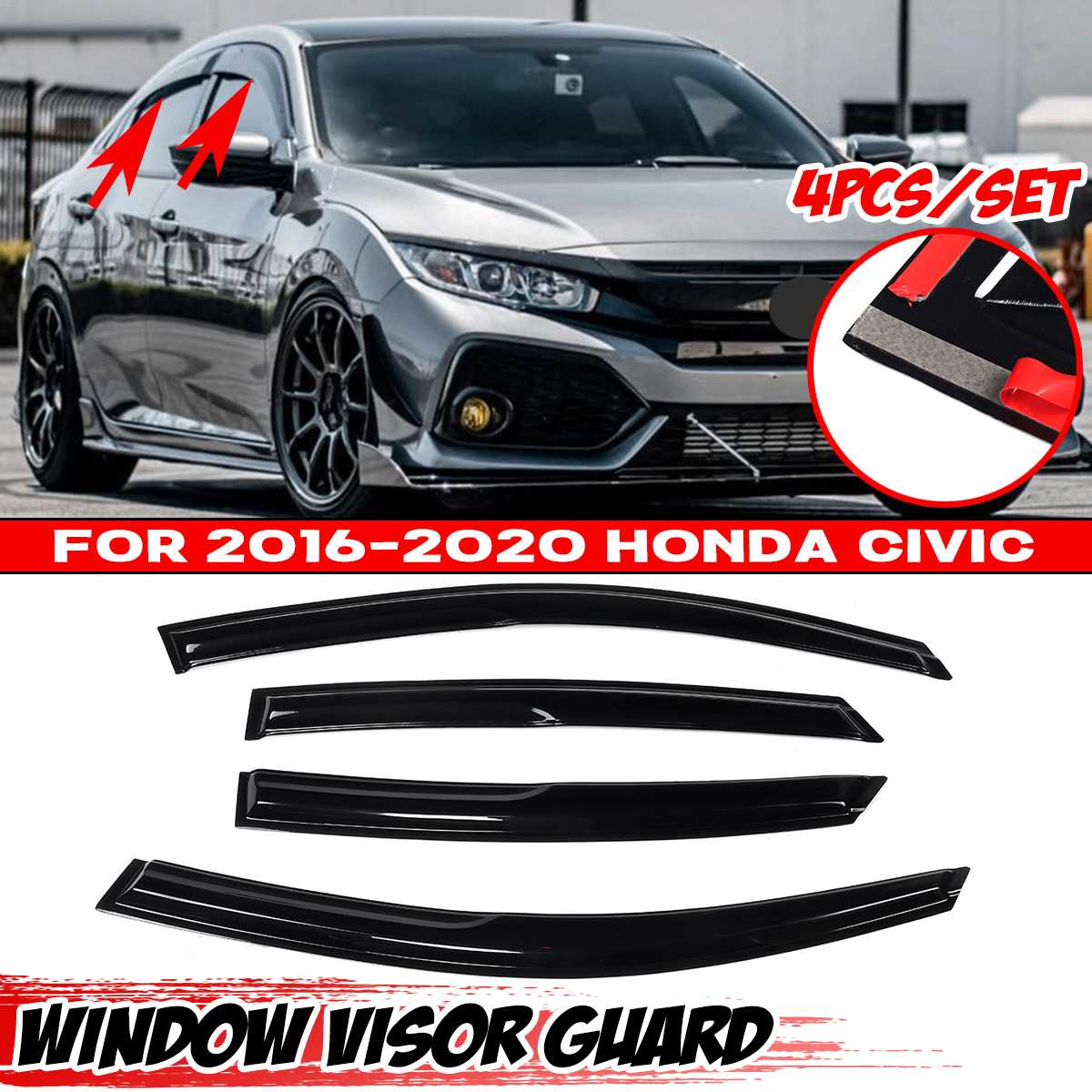 Black 4x Tinted Car Window Visor Guard Vent Awnings Shelters Cover Shell Rain Guard Door Visor For Honda For Civic 2001