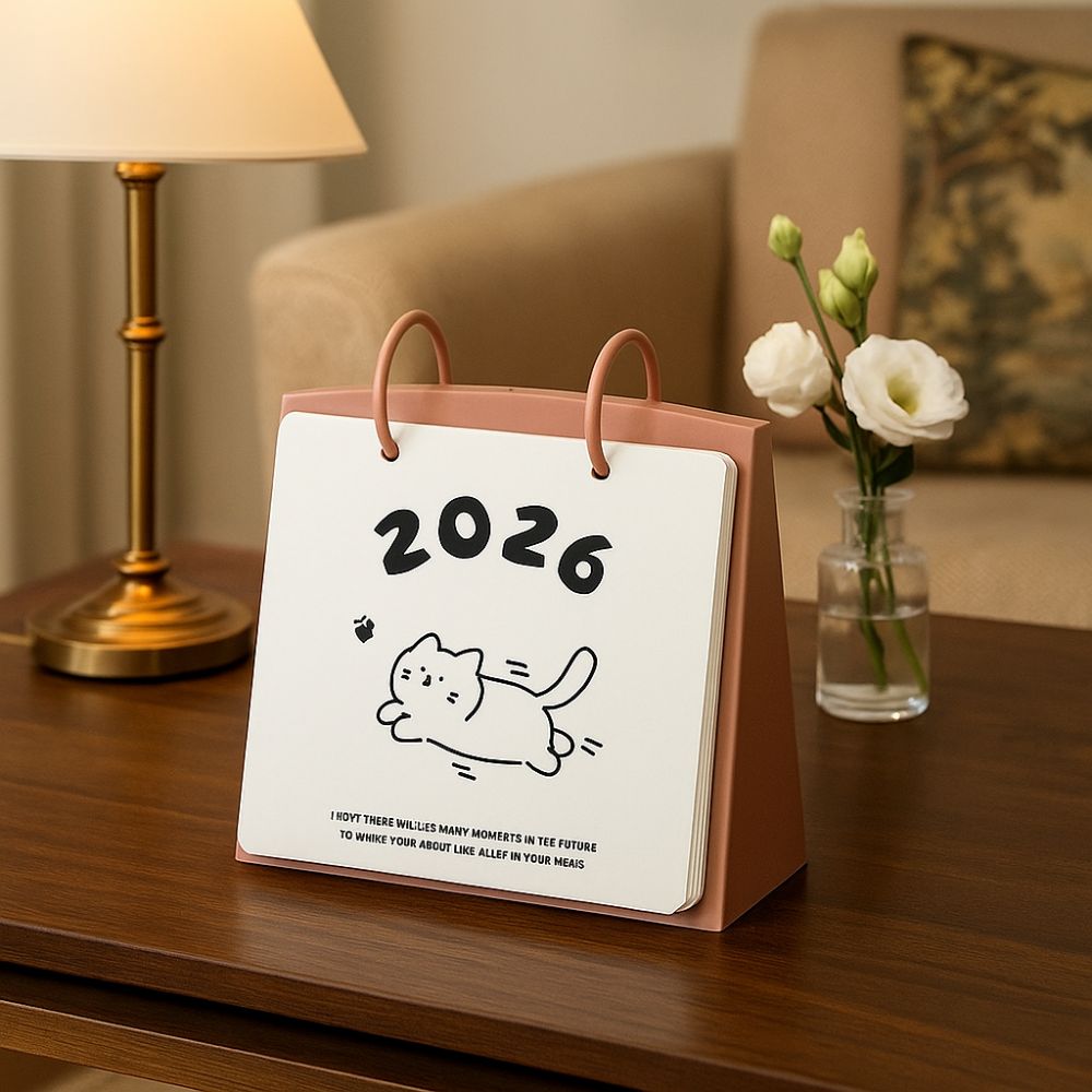Plastic 2026 Desktop Kalender Cartoon Draagbare Staande Flip Kalender Kat Patroon Stabiele Basis Dagelijkse Planner Thuis