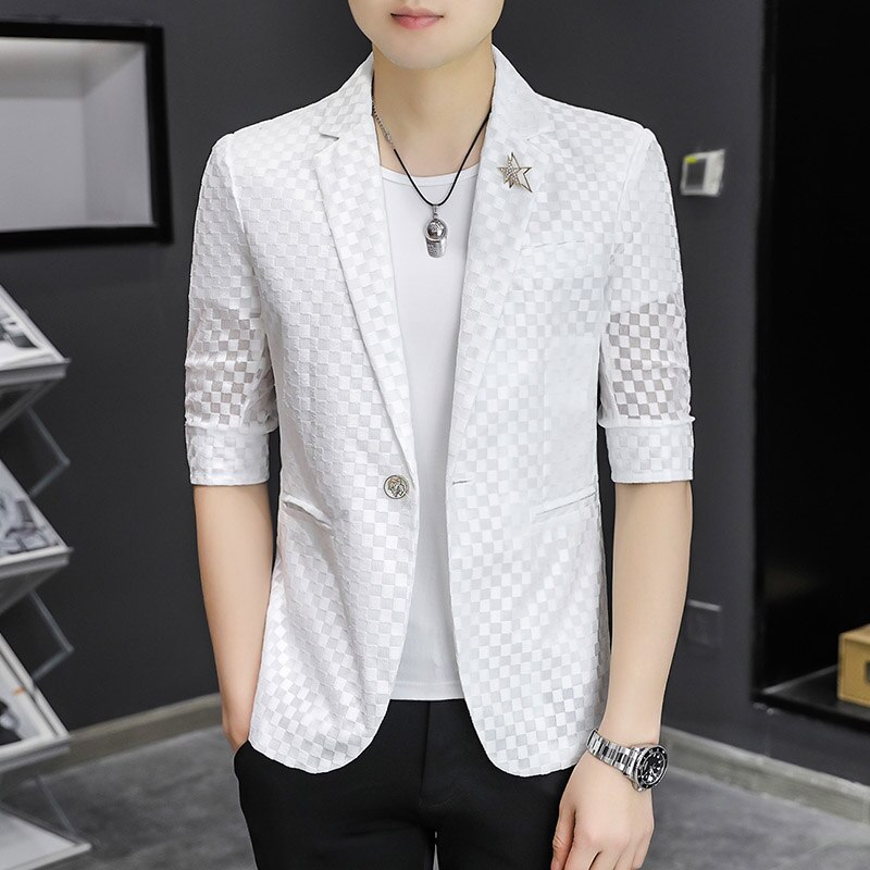 Summer Hollow Out Men Blazers Half Sleeve Slim Casual Suit Jacket Thin Sunscreen Business Street Wear Social Jacket Men Clothing