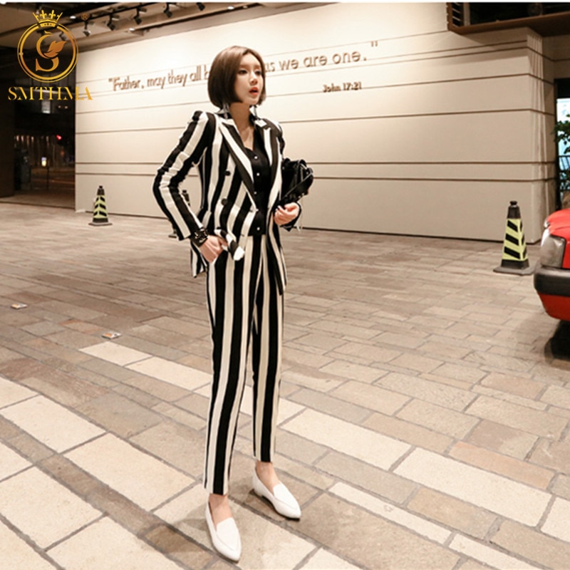 SMTHMA Runway Long Pant Suits Women Casual Office Business Suits Formal Work Wear Sets stripe Pant Suits