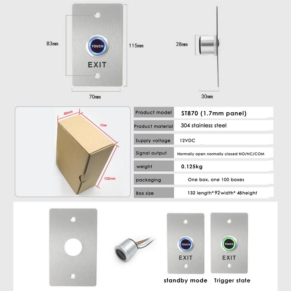 Stainless Steel Door Bell Push Button Switch Touch Panel For Access Control Door Switch Slim Exit Push Release Button