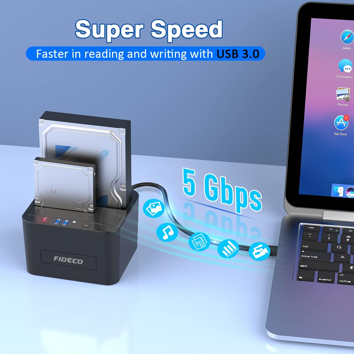FIDECO Dual Bay Offline Cloning USB 3.0 5Gbps 2.5 3.5 Inch HDD SSD 1 to 1 Duplicator SATA ABS Clone Docking station
