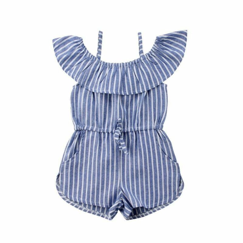 Kleinkind freundlicher Baby Mädchen Gurt Kleidung Streifen aus Schulter Kurze Gesamt Outfits