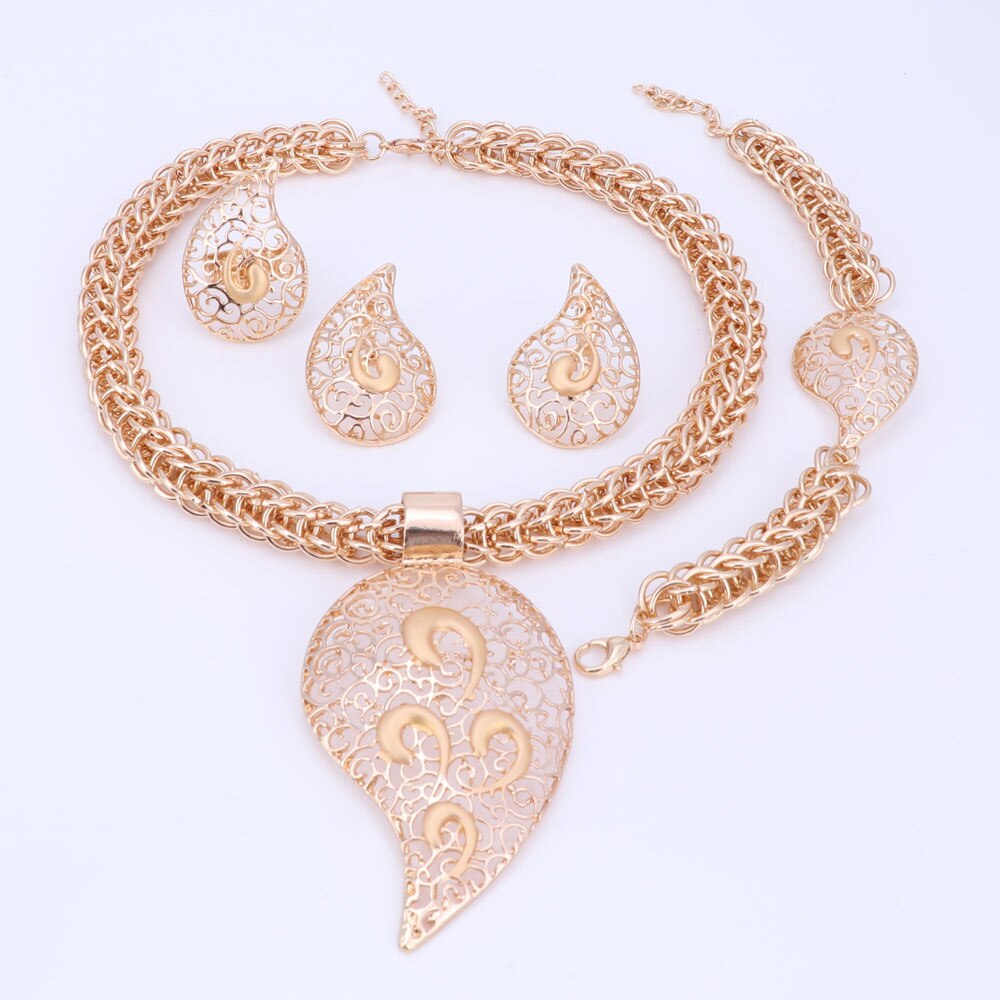 Cor do ouro conjunto de jóias traje design grande pingente colar conjunto de presente de noiva nigeriano casamento contas africanas conjunto de jóias