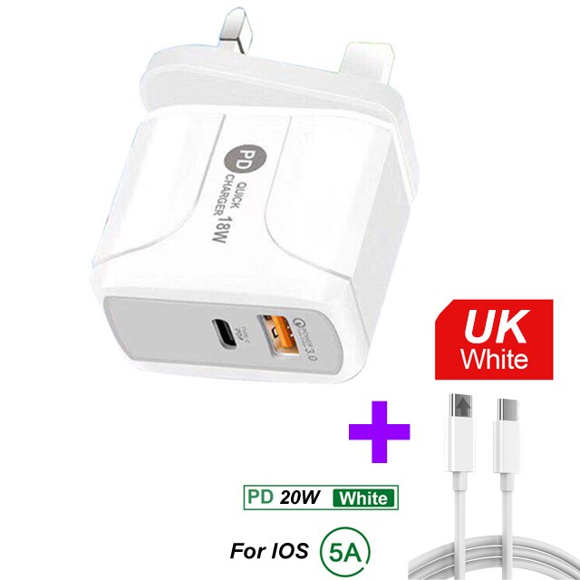 18W PD Quick Charge 3,0 USB Ladegerät EU/US/UK Stecker Handy Ladegerät Für iPhone 12 11 Pro X XR XS MAX blitz Schnelle Lade: UK Cable 2