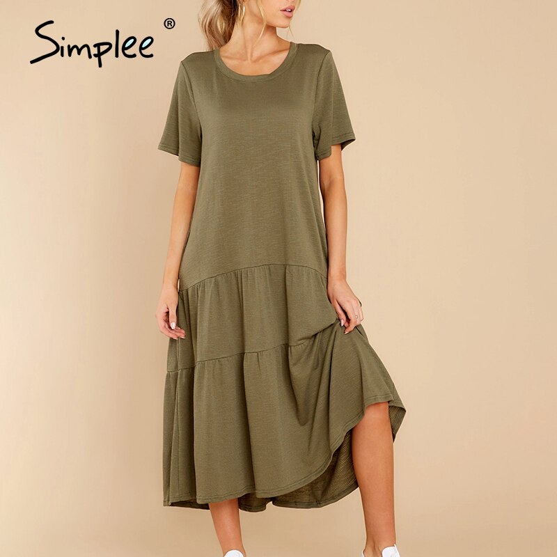 Simplee Aline ethnic soild color loose women dress Summer causel cozy dress for ladies chic female dress