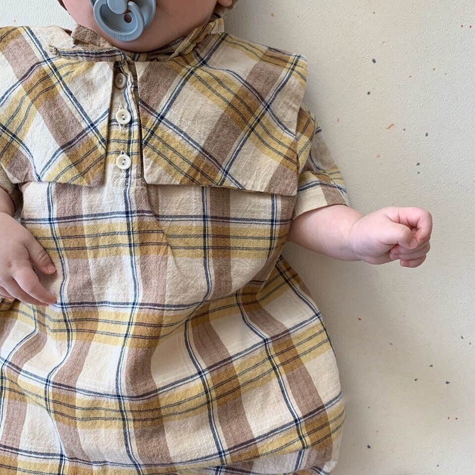 3449 Britse Plaid Baby Meisjes Jongens Romper Met Hoed Wassen Katoen Tweedelige Set Lange Mouw Babykleding Overalls Voor kids