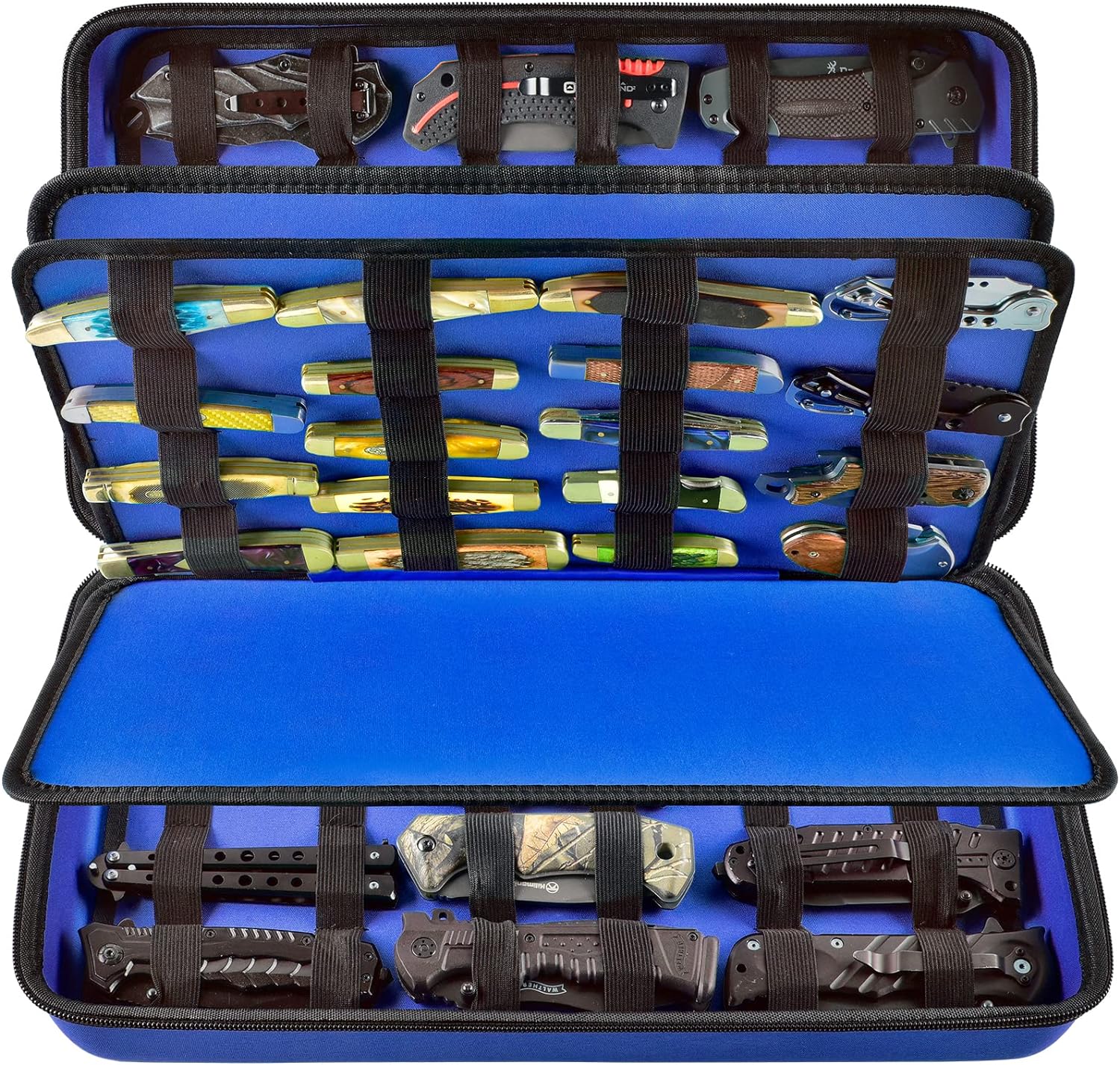 (ALLEEN CASE)Mesvitrine voor 66+ zakmessen. Opvouwbare houder, opbergorganisator voor vlinders, verzamelzakje voor messenrol: Blauw