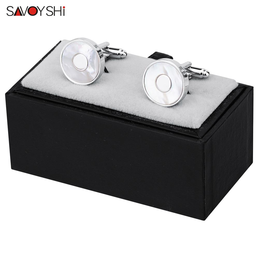 SAVOYSHI Silver color Mens Cufflinks Brand White Shell Cuff links Round Formal Business Wedding Shirts Jewelry: Cufflinks with Box C