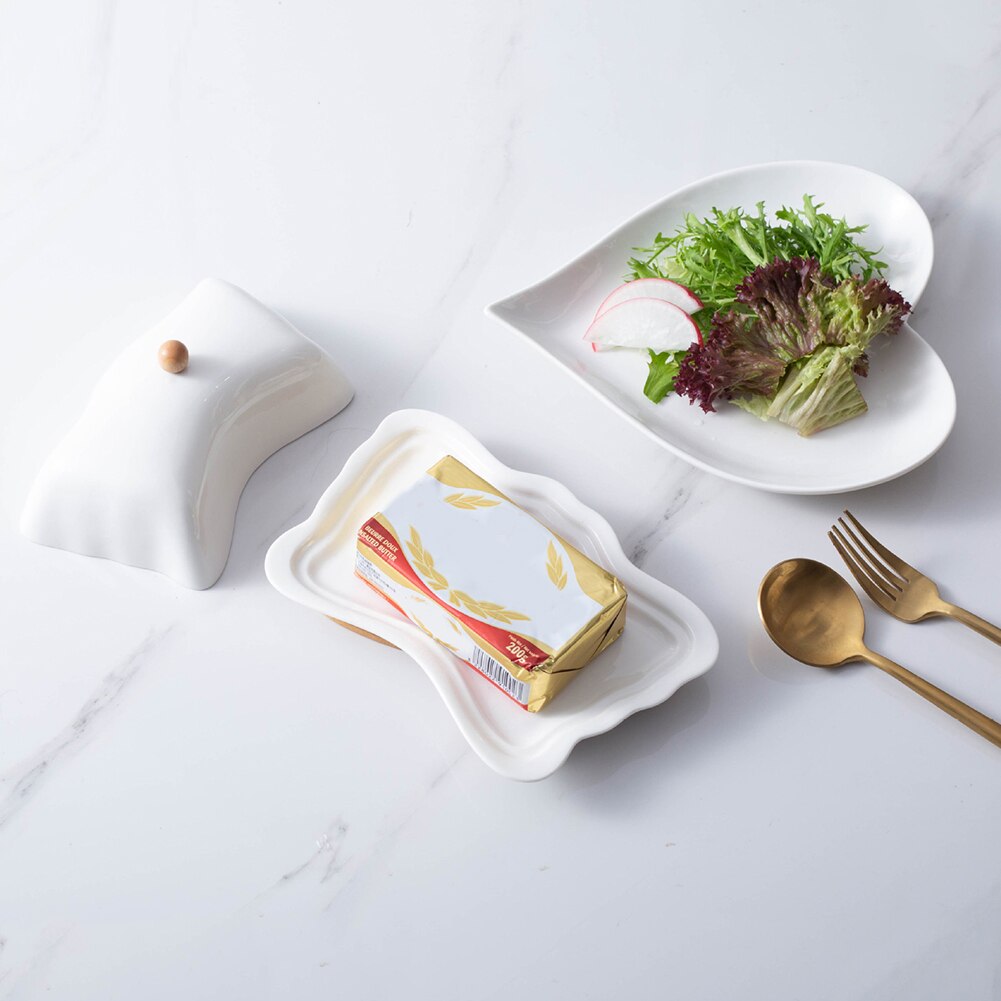 Ceramic Rectangular European-style Simple Pure White Butter Butter Dish With Lid, Seasoning Dish, Hotel Tableware Butter Box