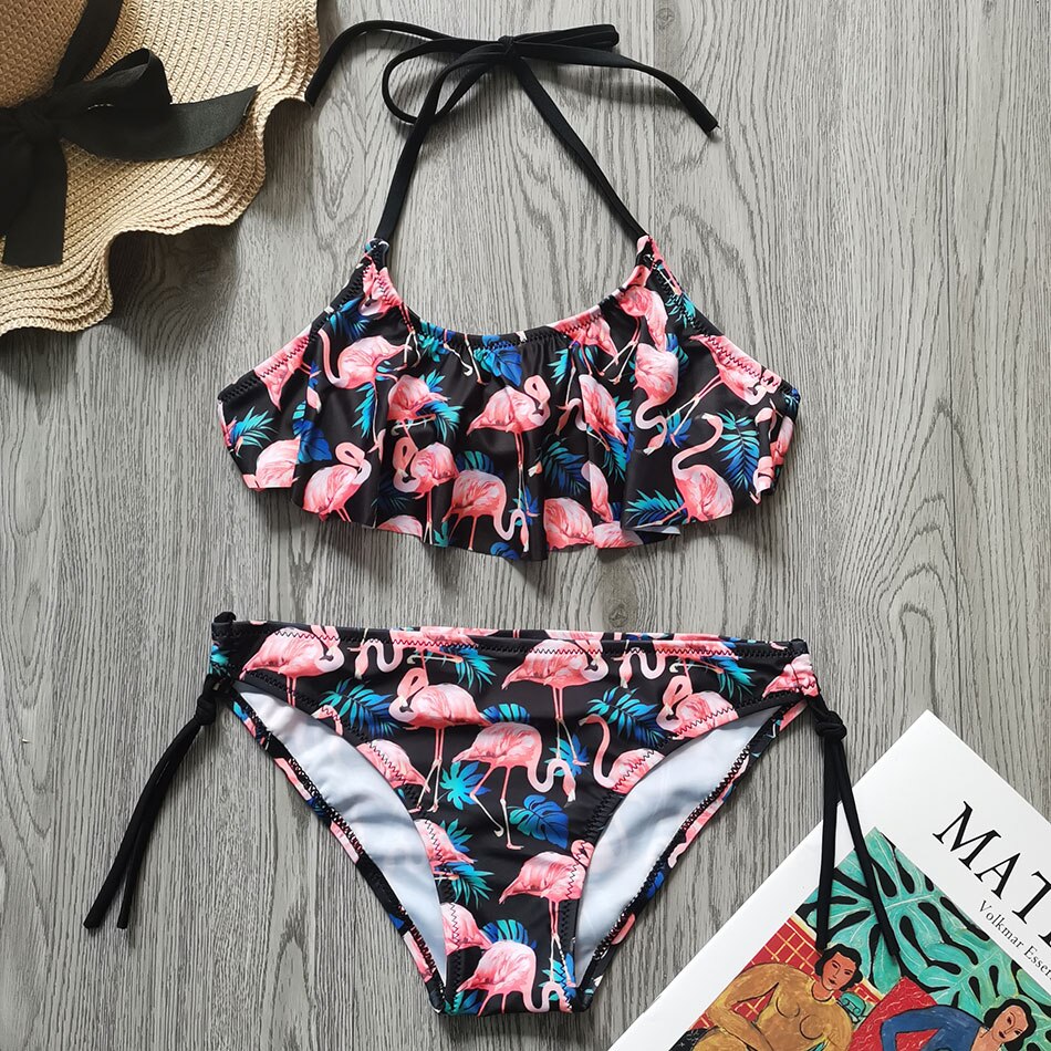 714 Year Flamingo Girl Swimsuit Kids Flounce Two Piece Children