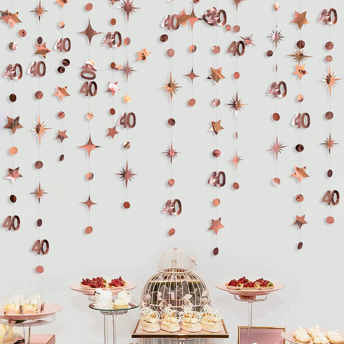 Rose Gold Number 40th Circle Dots Twinkle Star Garlands Hanging Banners for Forty Woman 40st Year Old Birthday Party Decorations: Rose Gold 40th