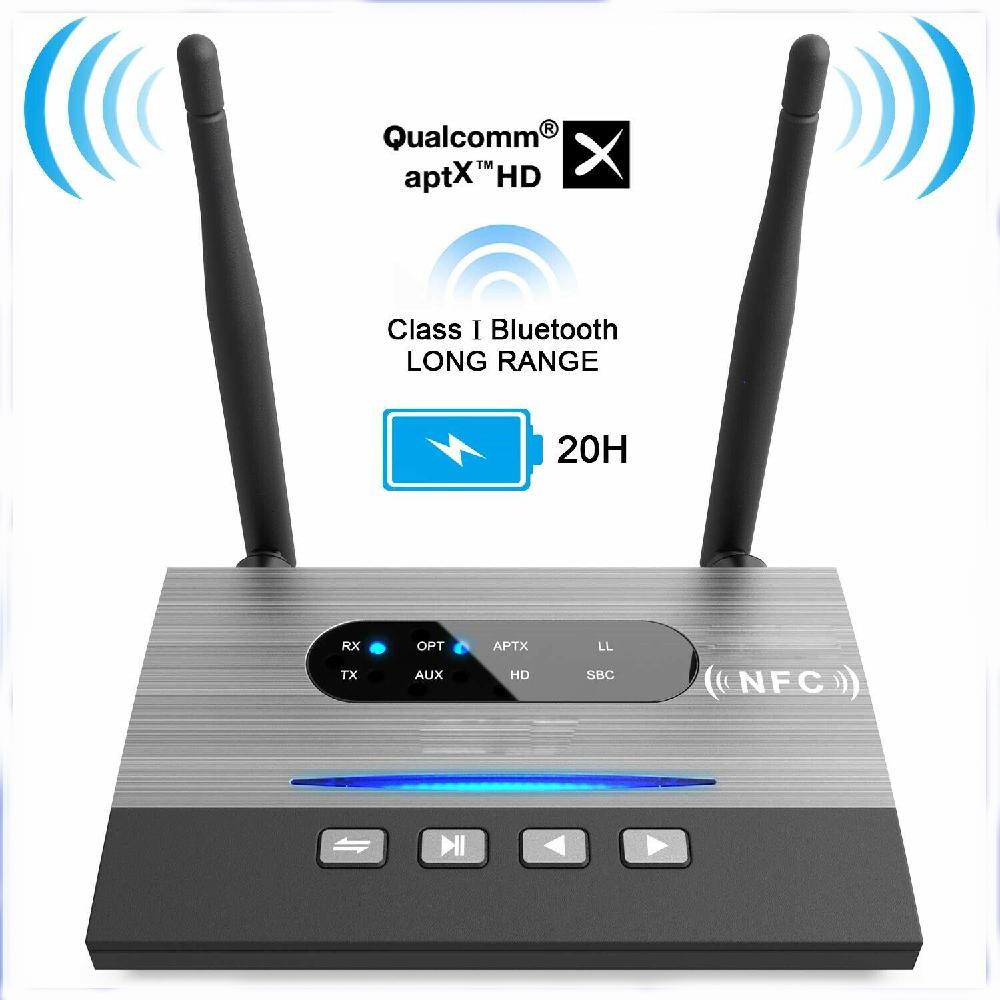 NFC 262ft/80m Long Range Bluetooth 5.0 Transmitter Receiver 3in1 Music Audio Adapter Low Latency aptX HD Spdif RCA AUX 3.5mm r20