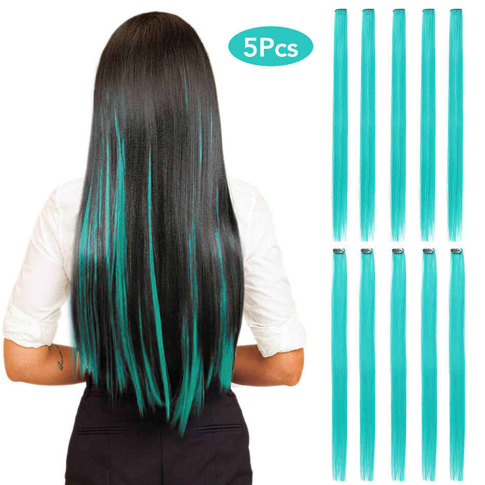 Lange Rechte Haar 5 Stuks/set Gekleurde Highlight Synthetische Hair Extensions Clip-In Een Stuk Pure Kleur 24 Inch: Teal Blue