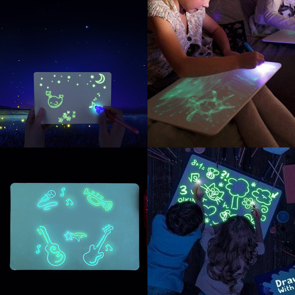 Fluorescent Drawing Board Tablet Light Drawing Pad Doodle Writing Board Glow in Dark with Fluorescent Pen Alphabet Stencil