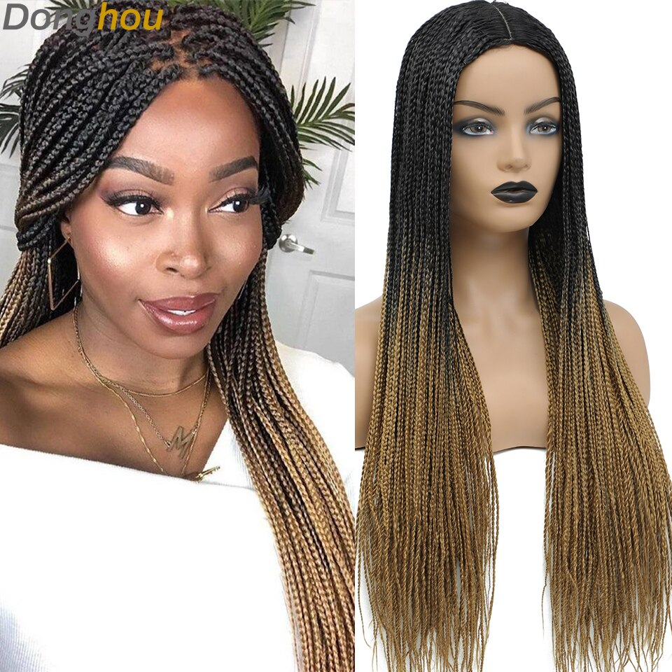 Donghou Box Braided Wigs for Black Women 26 Inch Ombre Long Micro Braids Wig Heat Resistant Fiber Small Box Braids Glueless Wig: 1B 27 Color