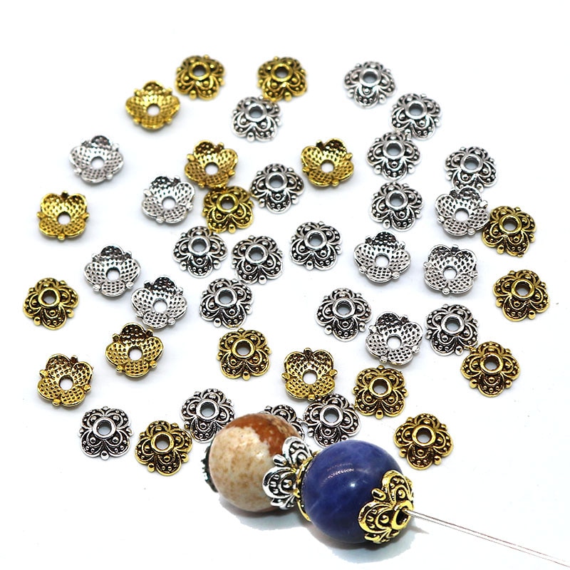 8mm 100/200 pces tampões do grânulo do metal tibetano chapeado de prata tampões do grânulo beadwork encantos do ofício para a jóia que faz os tampões dos grânulos da extremidade da flor