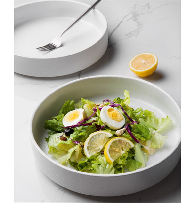 Eenvoudige Zwart-wit Diepe Plaat Soep Plaat Westerse Schotel Ronde Schotel Salade Frosted Keramische Grote Gebakken Plaat Huishouden