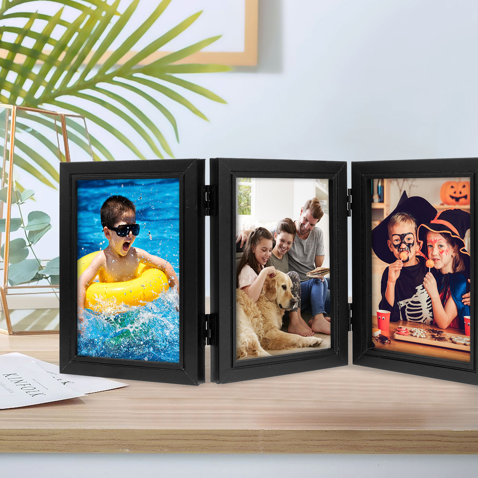 Double/Triple Photo Frame 180° Foldable Hinged Picture Frame Stand Vertically on Desktop Photo Frame with Glass Front Black