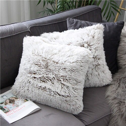 Fourrure artificielle housse de coussin poilu Faux plaine en peluche moelleux doux housse de coussin oreiller couleur unie cas maison canapé décor 45x45cm: BN