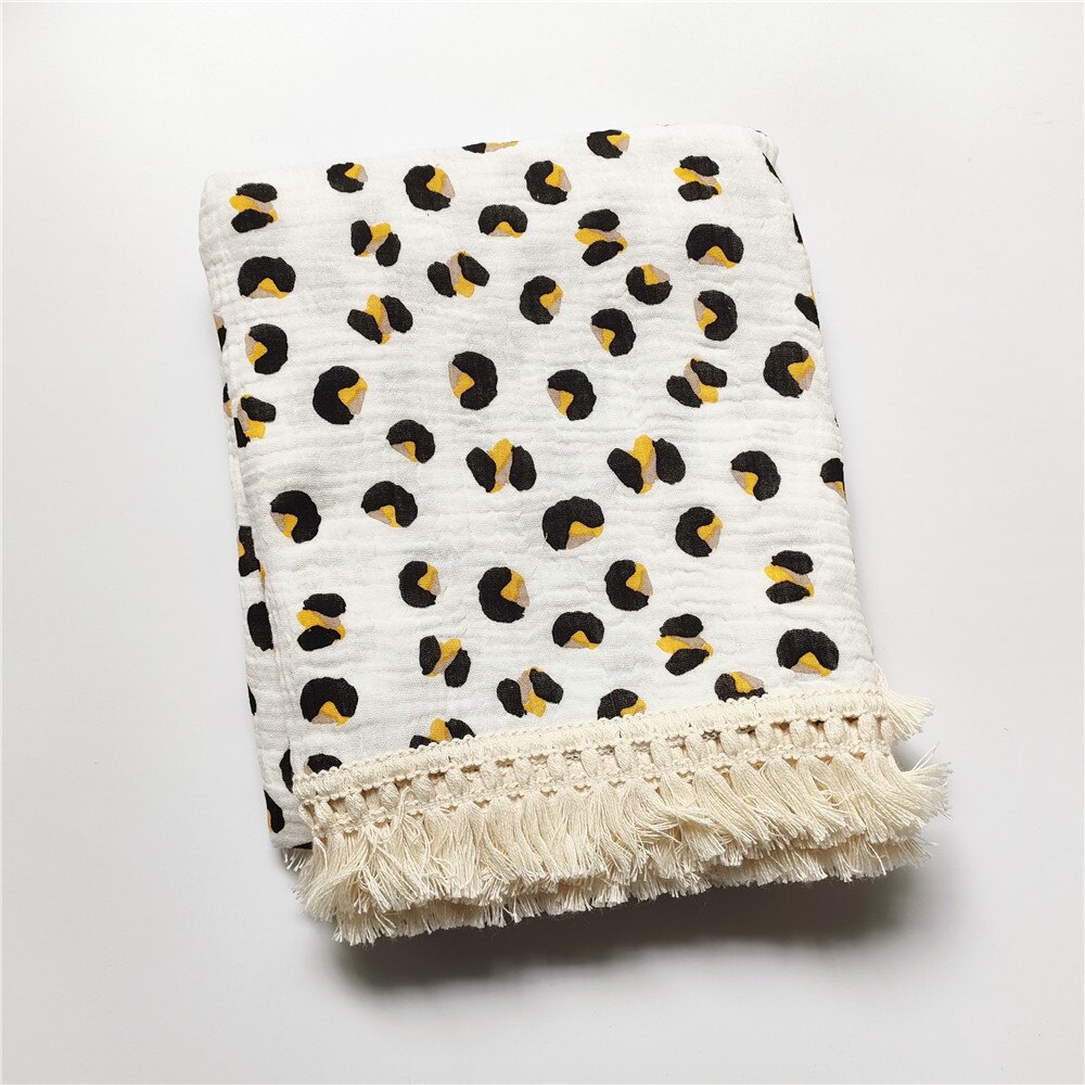 Bebé de muselina de algodón impreso Manta con borla para recibir a recién nacidos bebé gasa de Swaddle niños durmiendo colcha cubierta de cama: Leopard