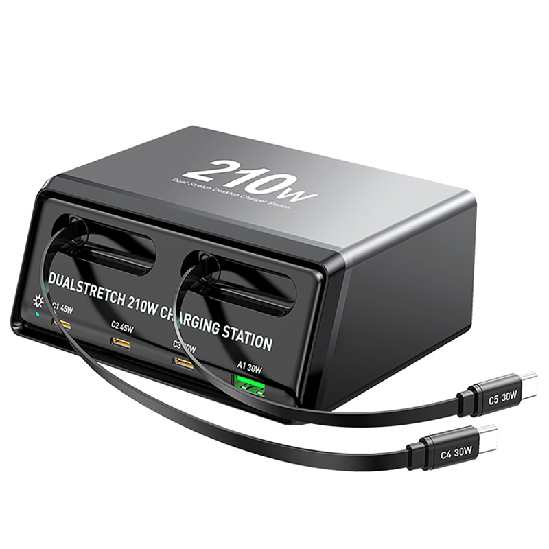 210W 6-in-1 Ladestation mit Einziehbarem USB-C-Kabel Power Combo Tower für Mehrere Geräte Schnellladegerät für iPhone, Airpod: Großbritannien